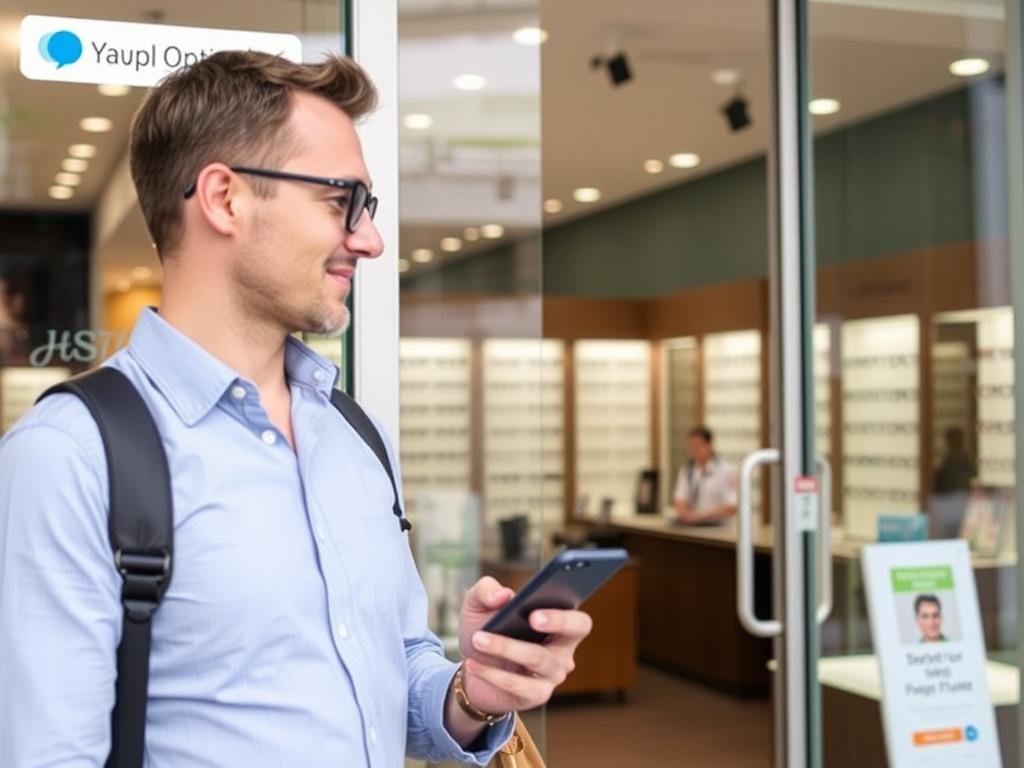 Customer walking into an optician's store after finding it through local search Customer walking into an optician's store after finding it through local search