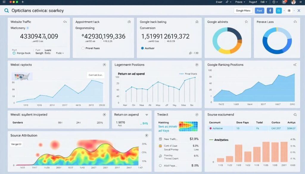 Dashboard showing key performance metrics for an optician's digital marketing Dashboard showing key performance metrics for an optician's digital marketing