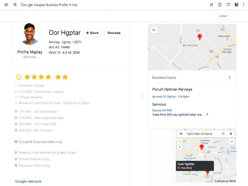 Google Business Profile for an optician showing reviews, hours, and location information Google Business Profile for an optician showing reviews, hours, and location information