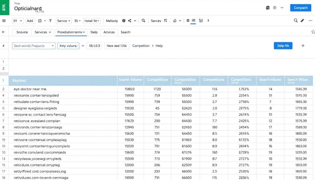 Keyword research for optician website showing relevant search terms and their volumes Keyword research for optician website showing relevant search terms and their volumes
