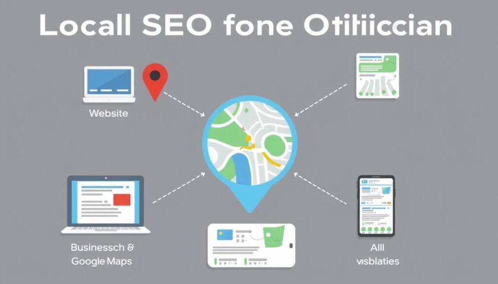 Local SEO elements for opticians showing website, directories, and maps Local SEO elements for opticians showing website, directories, and maps