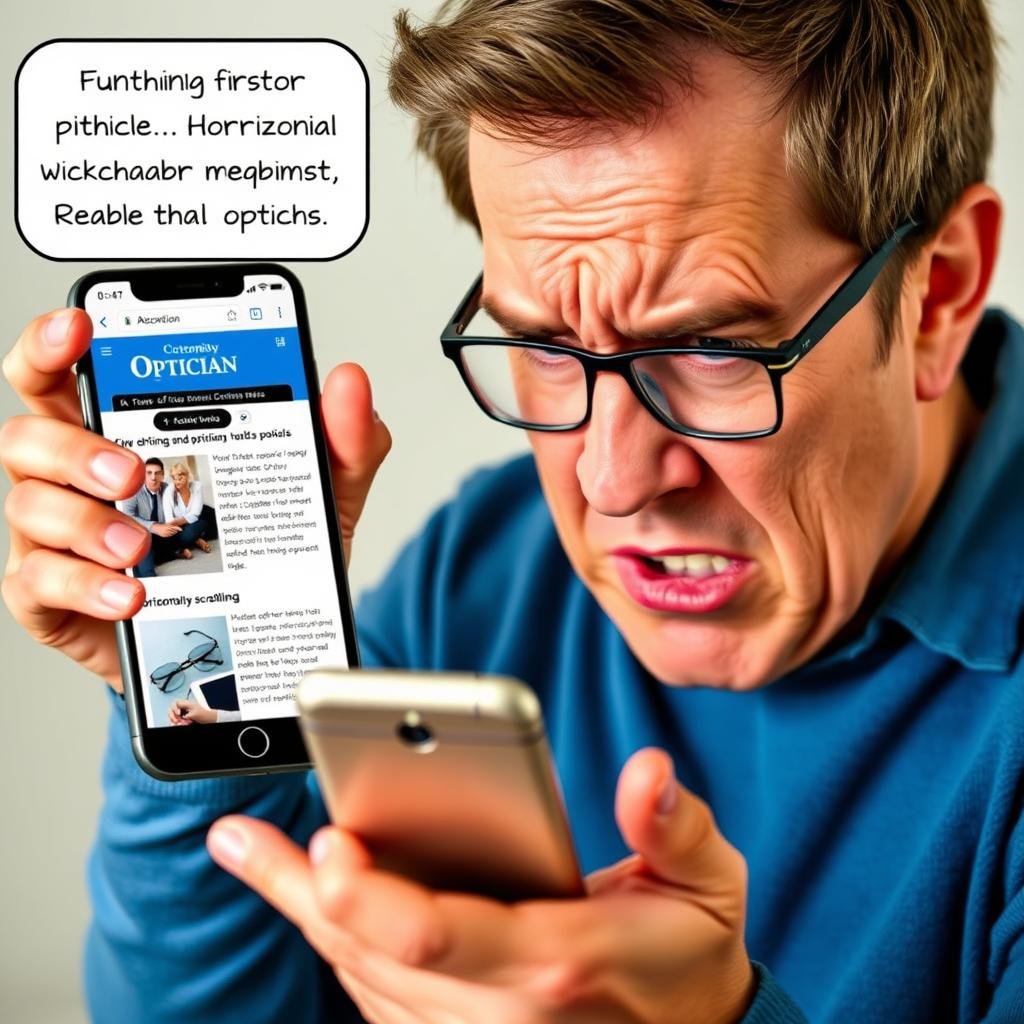 Mobile user struggling with non-responsive optician website on smartphone Mobile user struggling with non-responsive optician website on smartphone