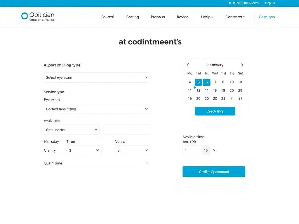 Online booking system interface for an optician website showing appointment selection Online booking system interface for an optician website showing appointment selection
