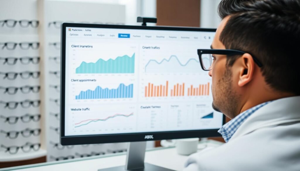 Optician checking digital marketing analytics on computer showing increased client appointments Optician checking digital marketing analytics on computer showing increased client appointments