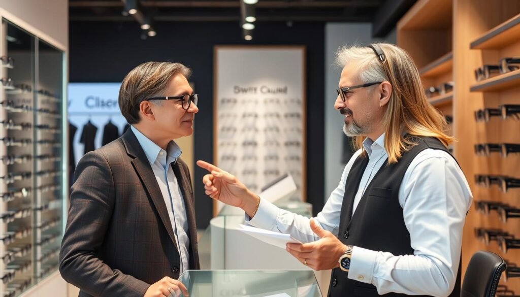 Optician helping a customer who found their store through local search Optician helping a customer who found their store through local search