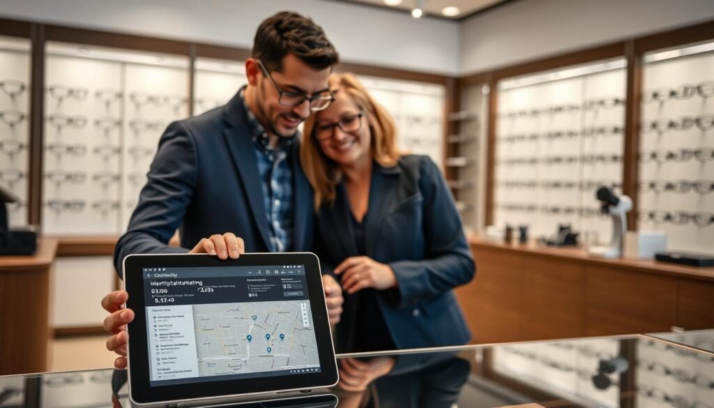 Optician helping client with frame selection while digital marketing displays on tablet nearby Optician helping client with frame selection while digital marketing displays on tablet nearby
