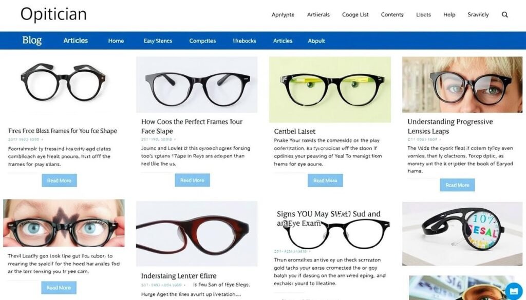 Optician website blog section featuring educational articles about eye health and eyewear Optician website blog section featuring educational articles about eye health and eyewear