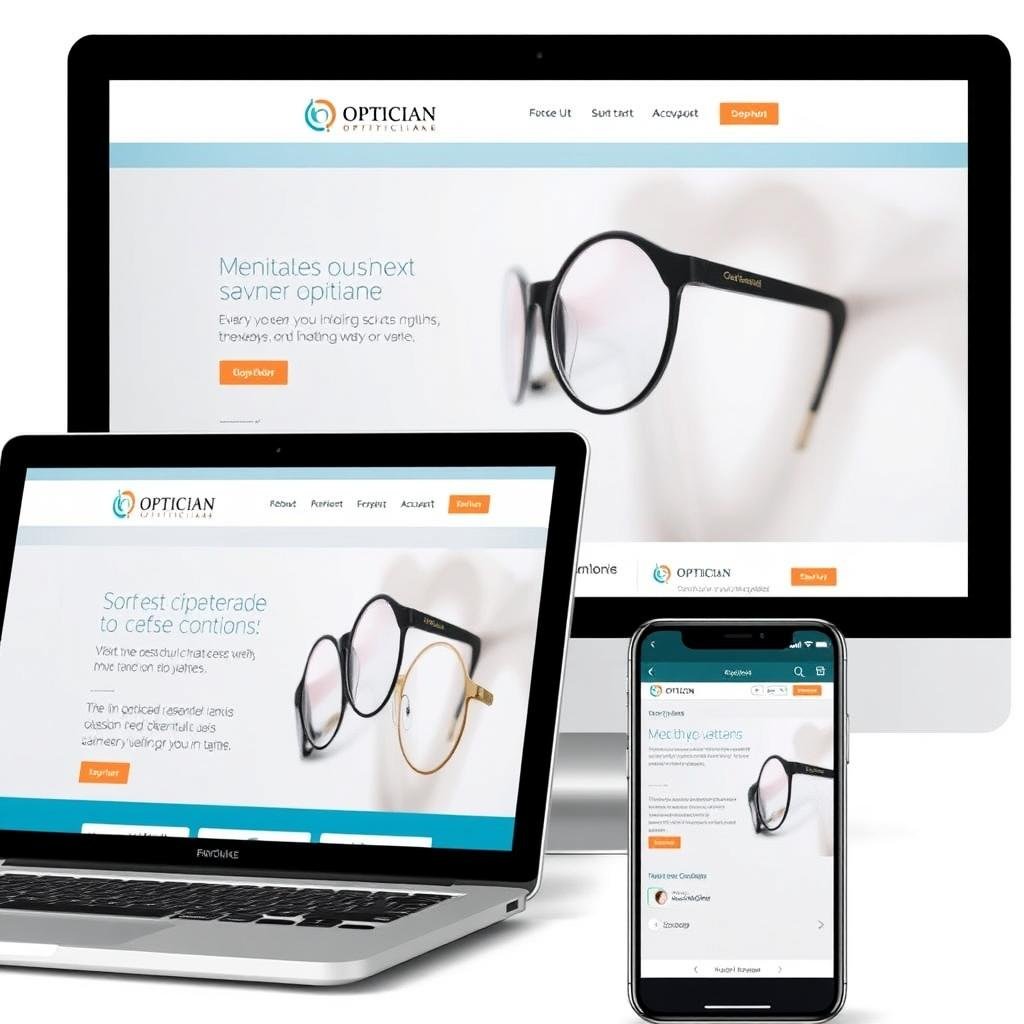 Optician website displayed on multiple devices showing responsive design Optician website displayed on multiple devices showing responsive design
