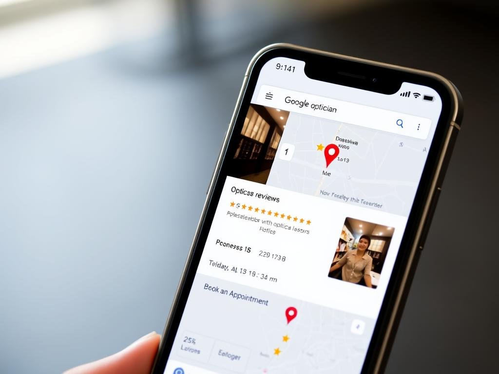 Optimized Google Business Profile for an optician showing reviews, photos, and appointment booking option Optimized Google Business Profile for an optician showing reviews, photos, and appointment booking option