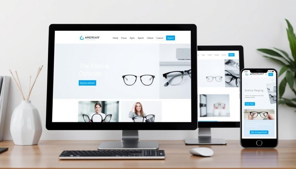 Professional optician website design showcasing an optical business homepage with clear navigation and booking features Professional optician website design showcasing an optical business homepage with clear navigation and booking features